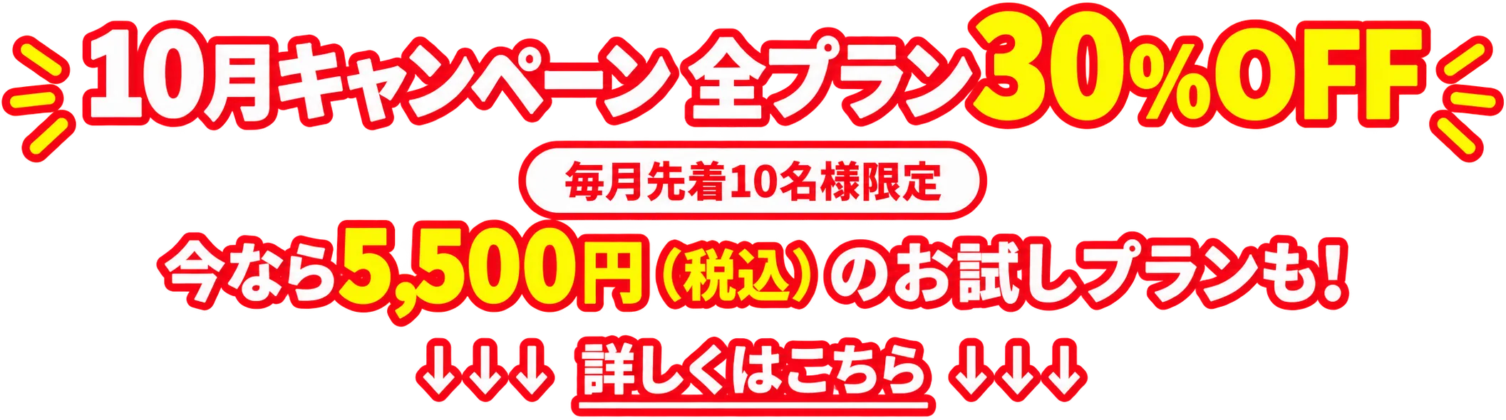 9月キャンペーン 全プラン30%OFF｜毎月先着10名様限定｜今なら5,500円（税込）のお試しプランも！詳しくはこちら