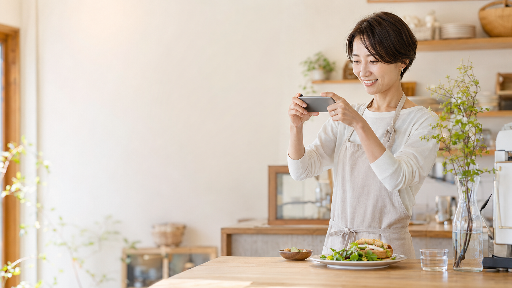 スマートフォンで店内の写真を撮る店舗オーナー